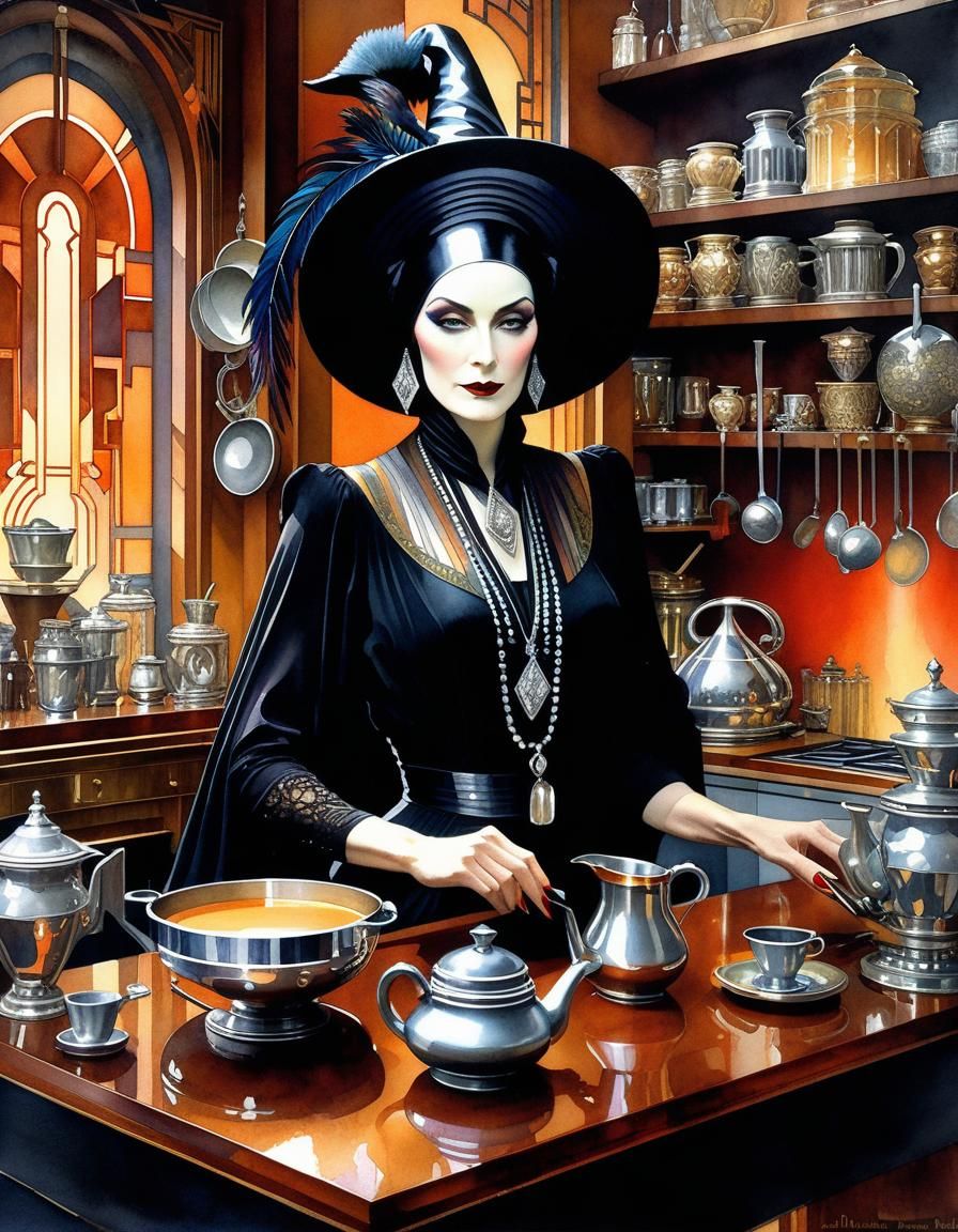 Art Deco Witch Brews Coffee: A Hyperdetailed Portrait