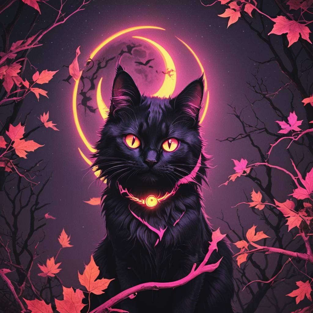 Halloween Cat with Neon Moon in Synthwave Style