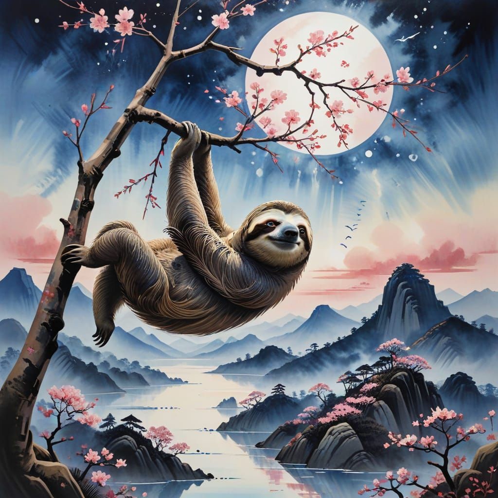 Sloth on Sakura Branch in Abstract Japanese Ink Style