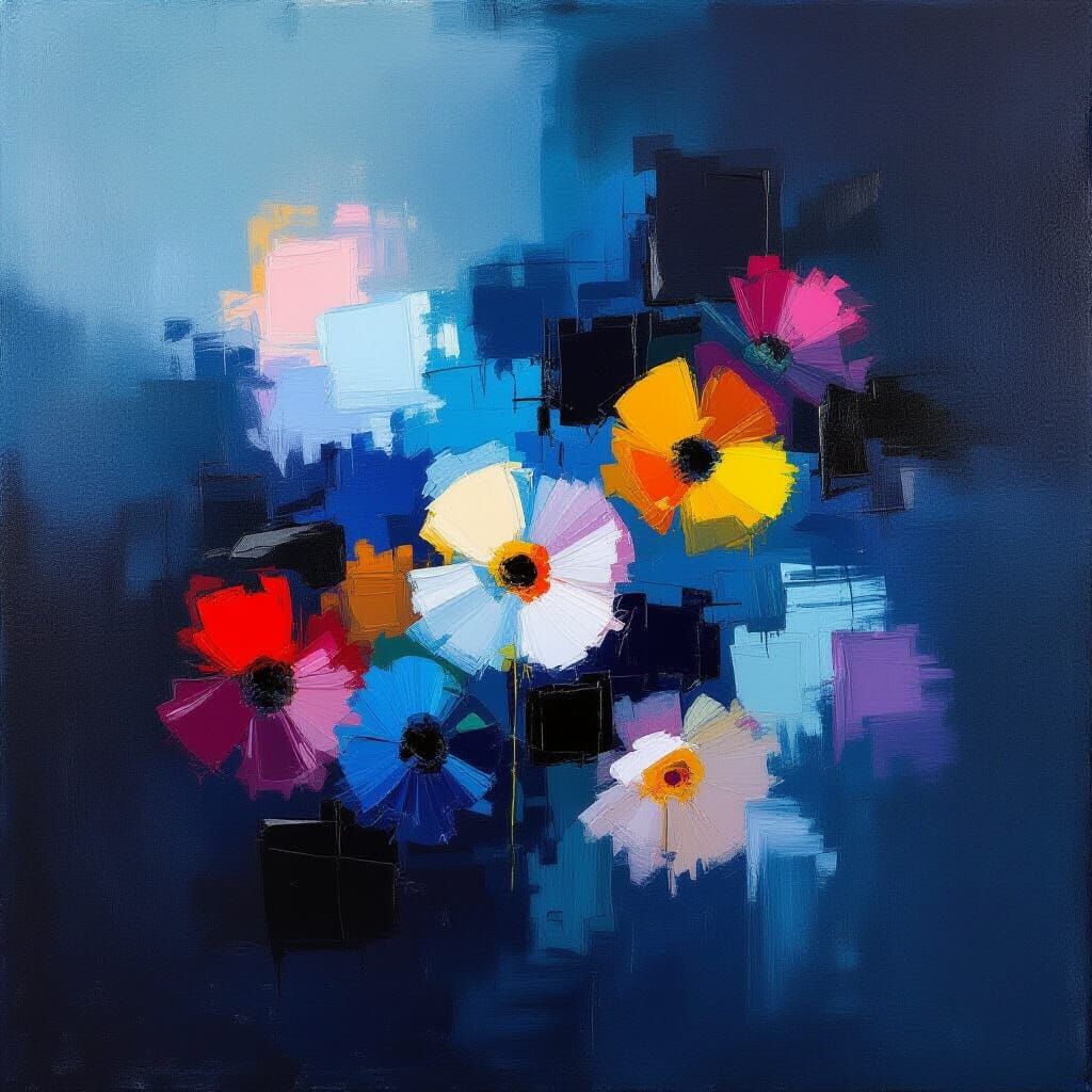 Moody Abstract Floral Oil Painting with Textured Brushstroke...