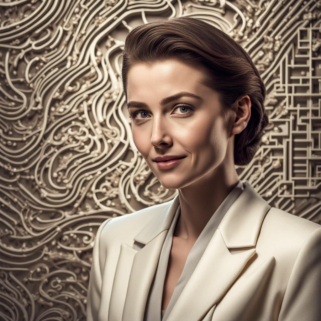 Confident Woman in Cream Suit, Hyperrealistic Portrait