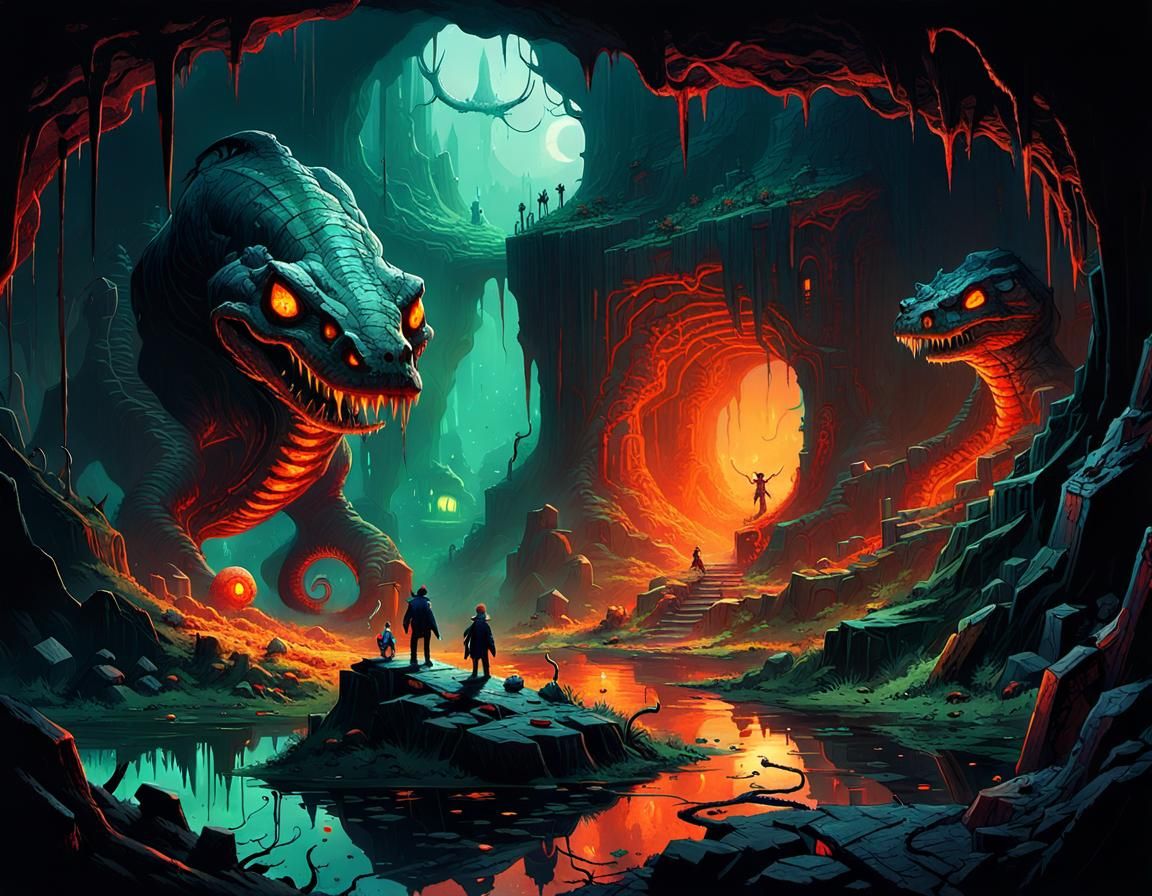 Eerie Subterranean Cavern with Twisted Creatures
