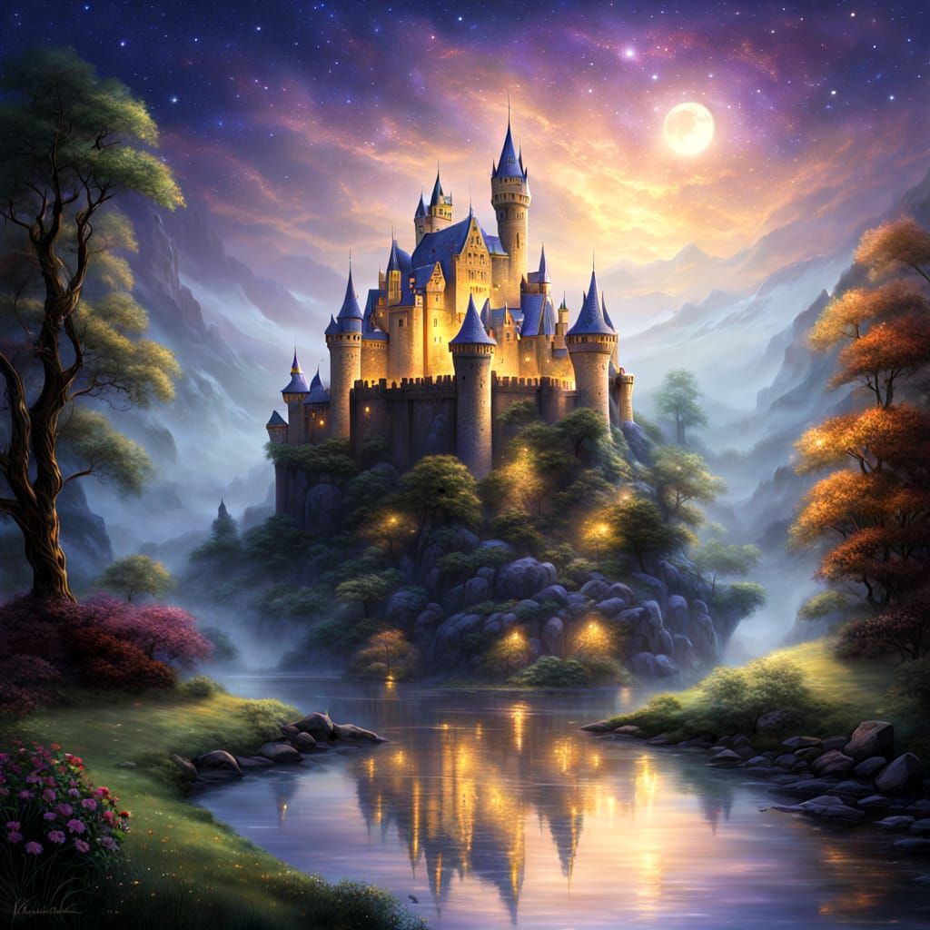Medieval Castle in Starry Night: Kinkade Style