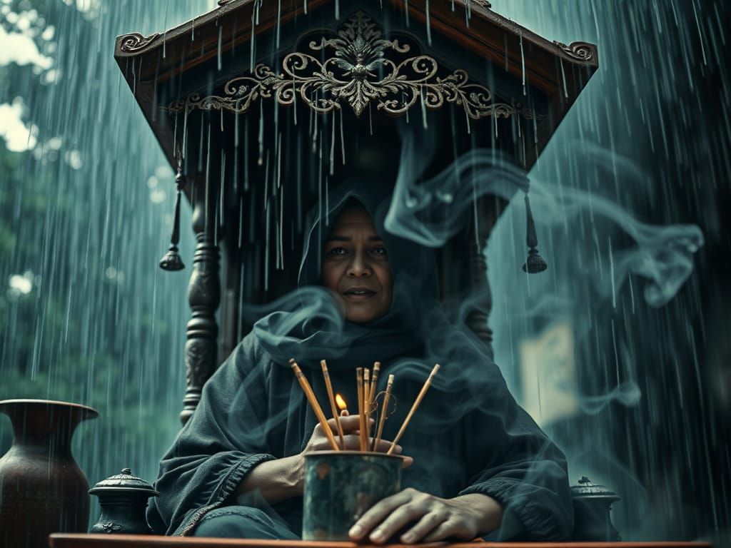 Mysterious Fortune Teller Amidst Rainy Vortex