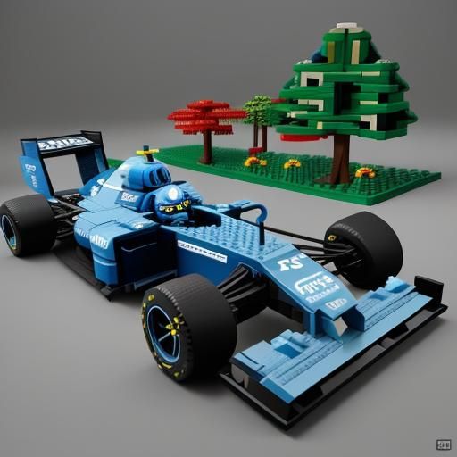 Lego R2-D2 Races F1 Car in Whimsical Style