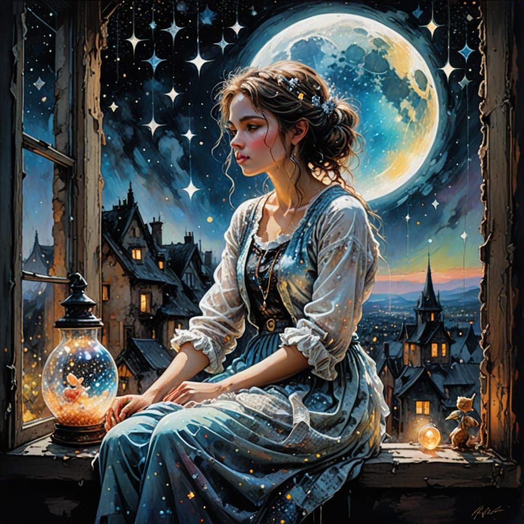 (masterpiece, ultra high quality) an adorable woman sitting on a window, moon hearts dream land, beautiful Iridescent Wh...