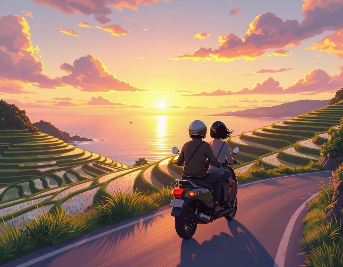 Anime Style Motorbike Ride to Ocean Sunset