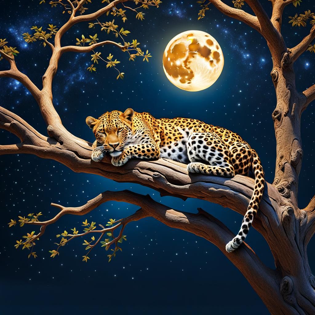 Leopard Sleeping Under Moonlight in Hyper-Detailed Style