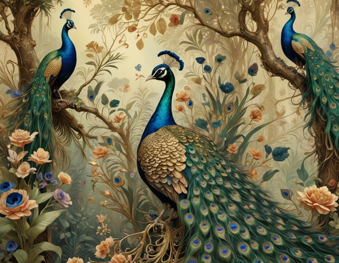 Exotic Peacock in Lush Parlor Setting