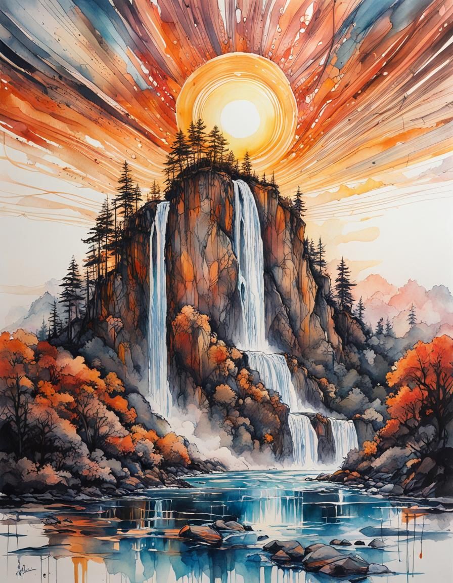 Sunset Waterfall: Suminagashi Ink and Watercolor Art