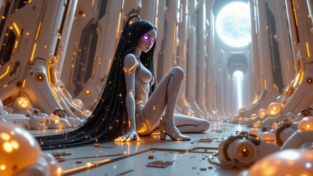 bright surrealism. In a futuristic city <lora:Inverse V2:1.0> , A slender cybernetic rustic beautiful woman wearing a si...