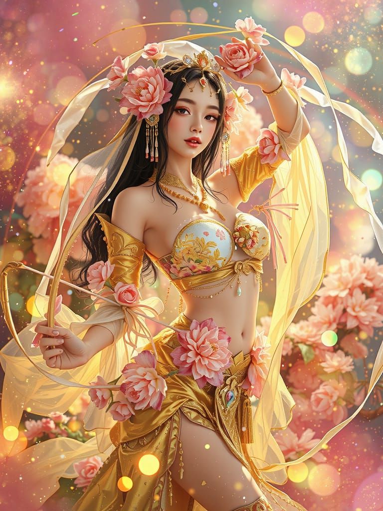 Anime Goddess with Bows in Floral Setting