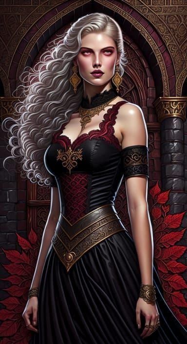 Viking-Visigoth-paintpunk-Woman in a black dress with maroon-lace-trimming with a castle