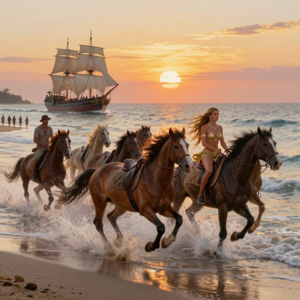 Horses Gallop on Beach During Golden Hour Sunset