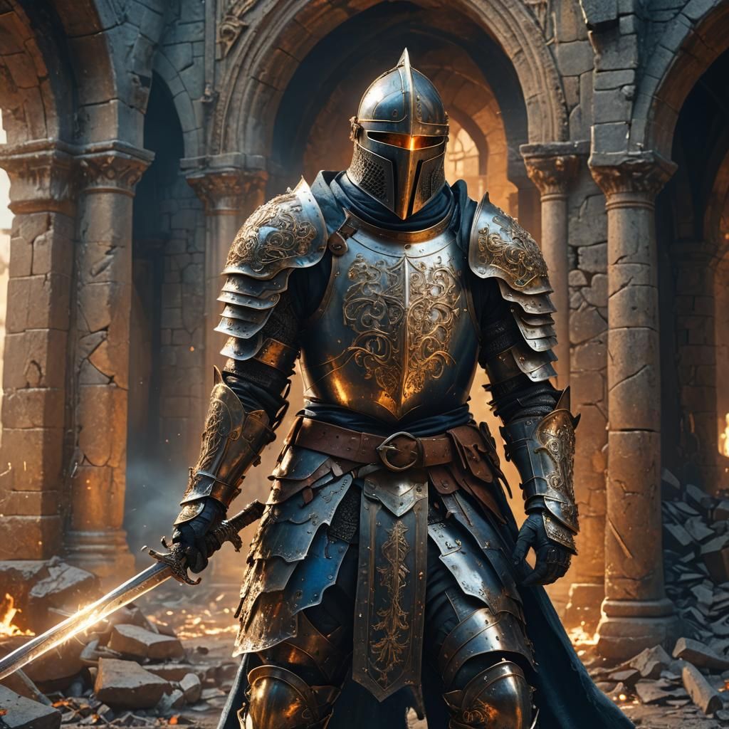 Knight in Ruined Castle: Dark Fantasy Concept Art