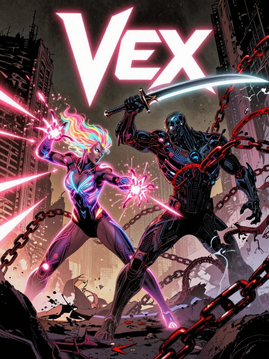 Cyberpunk Comic Cover: Neon Vex vs. Spectral Reaper-X