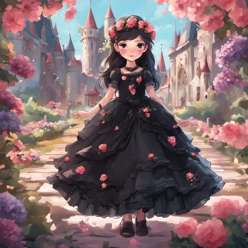 Princess in Black Flower Dress Cartoon Art