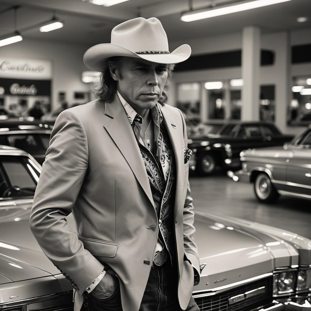 Dwight Yoakam Posing over Cadillac Dealership Photo