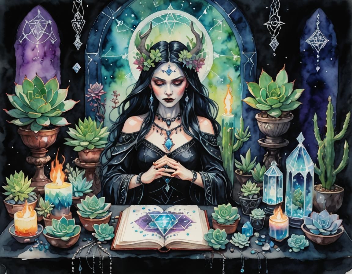 Gothic Demoness at Goddess Altar: Watercolour