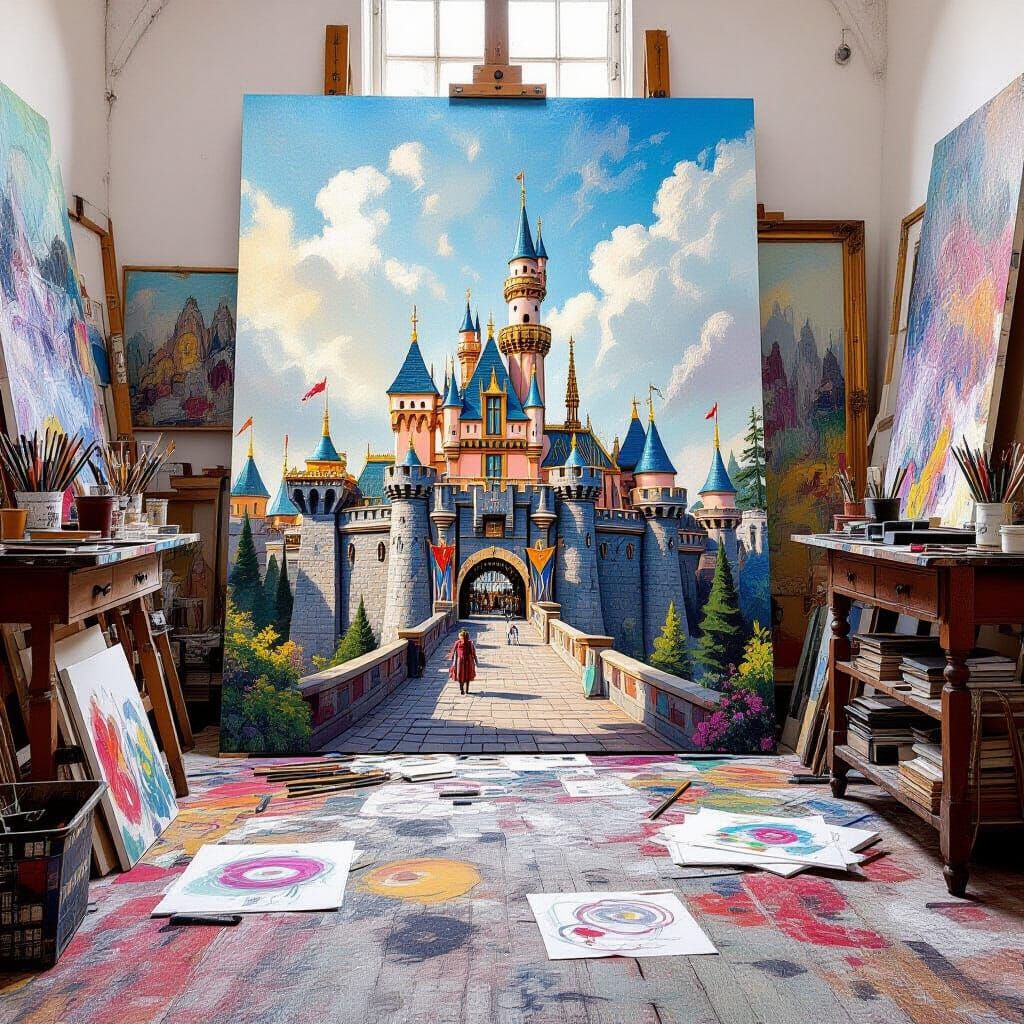 Oil Painting of Castle in Artist Studio with Tools