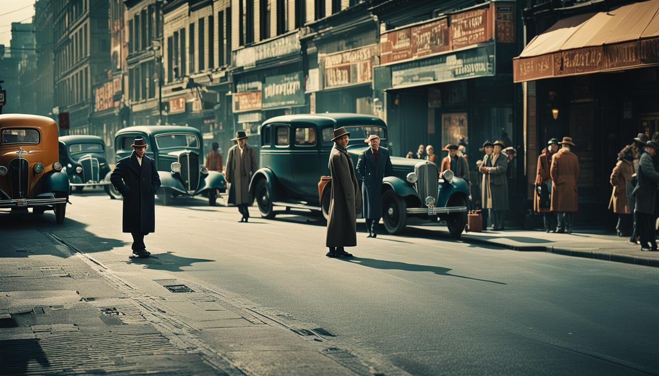 1930s City Street Life: Cinematic Film Still