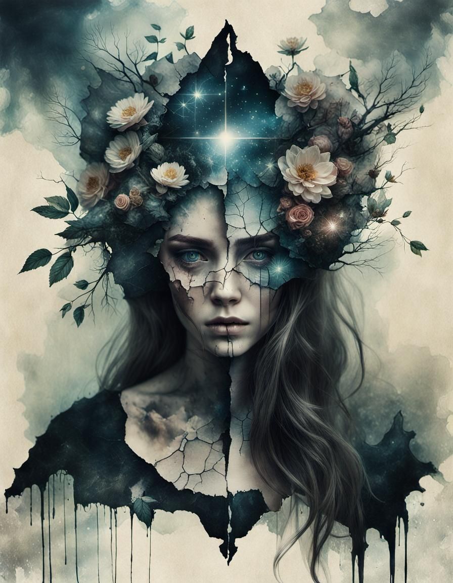 Damaged but beautiful, like a cracked mosaic with a newfound...