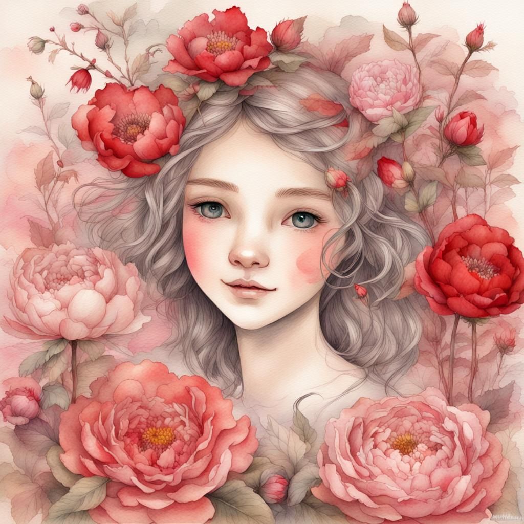 Girl with Peonies: A Watercolor Fantasy in Diarama Style