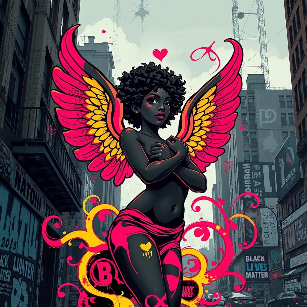 Powerful African American Goddess of Love in Urban Cityscape