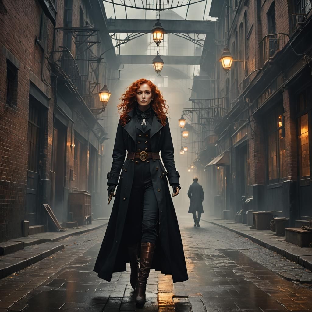 Steampunk Assassin in Foggy Alleyway