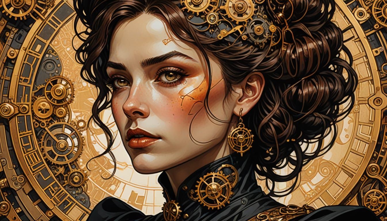 Steampunk Woman Portrait with Expressive Comic Book Art