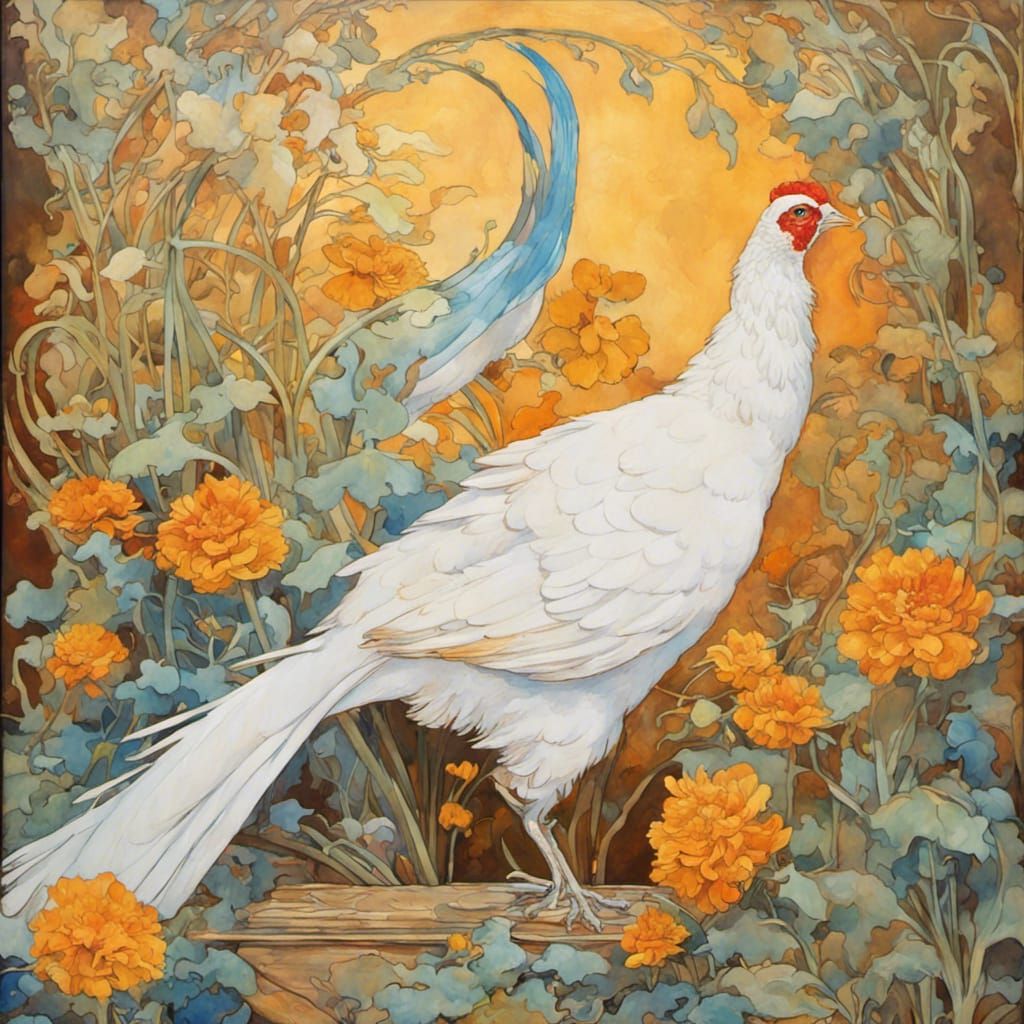 Art Nouveau Pheasant with Marigolds in Gouache Style