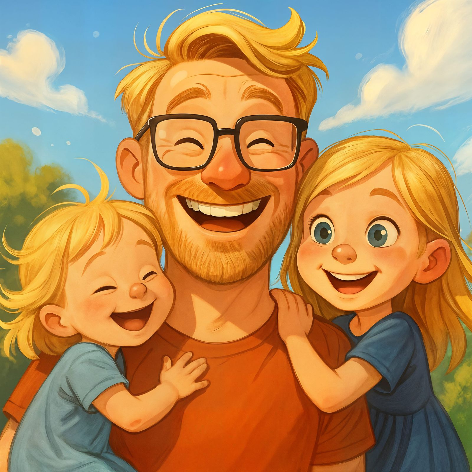 Happy Father with Daughters in Expressive CGI Style