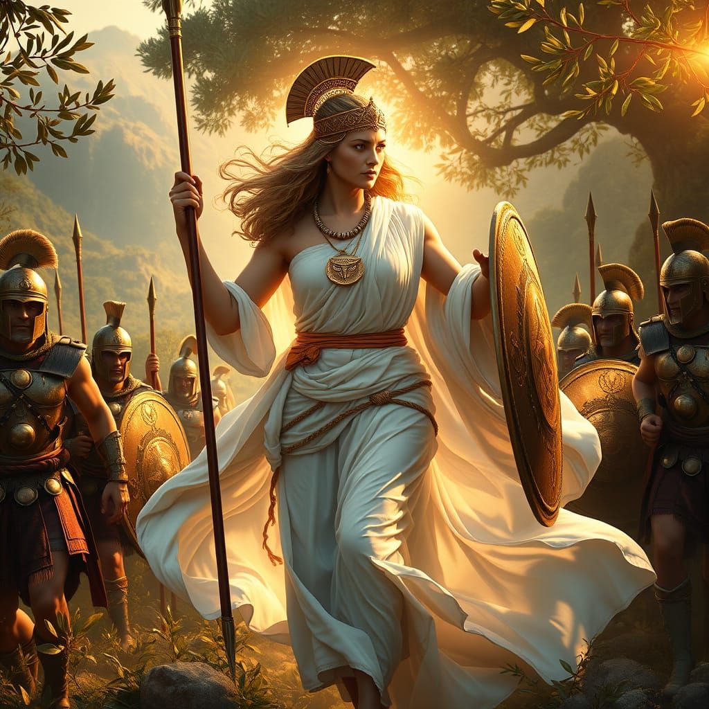 Goddess of Wisdom in Greek Landscape, Adorned with Medusa Me...