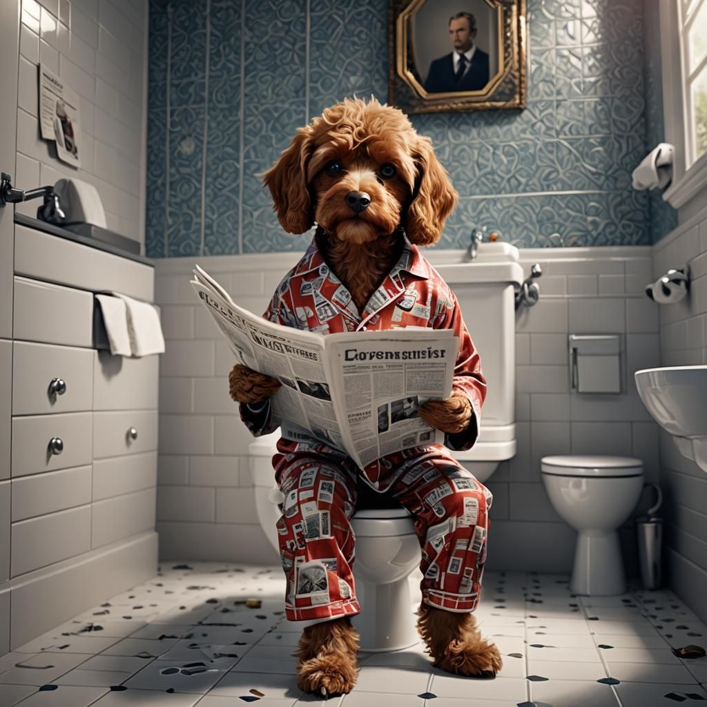 Cavapoo Reads Newspaper on Toilet, Digital Matte Painting