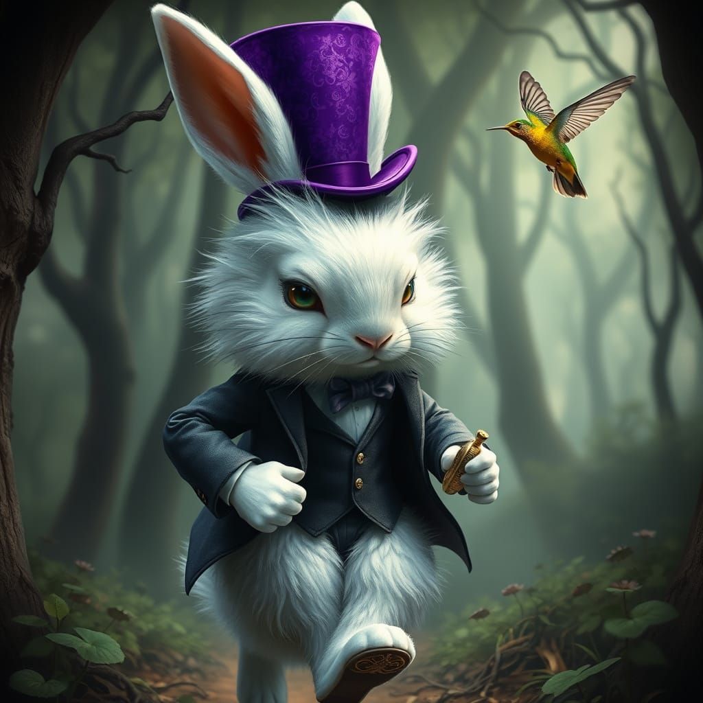 A mystical white rabbit figure with  fur transitioning from deep to soft shades of white. His hair is adorned with a tal...