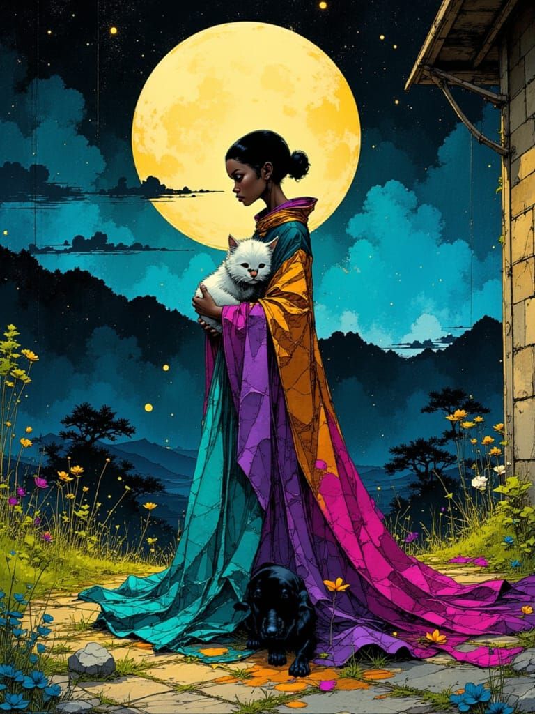 Afrofuturist Woman with Kitten and Dog in Moonlit Garden