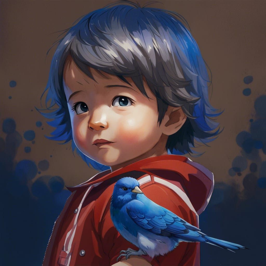 Toddler and Bluebird in Anime Watercolor Style