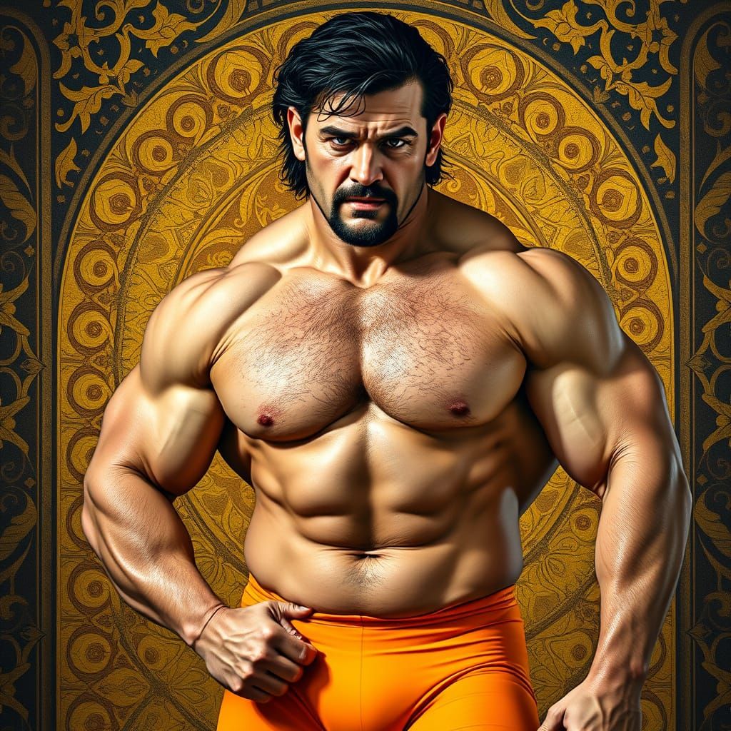Muscular Male Wrestler in Golden Klimt-Inspired Speedo