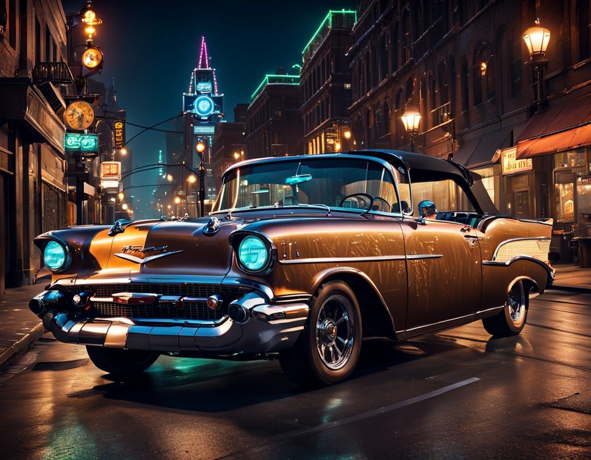 Steampunk 1957 Chevy Convertible at Night