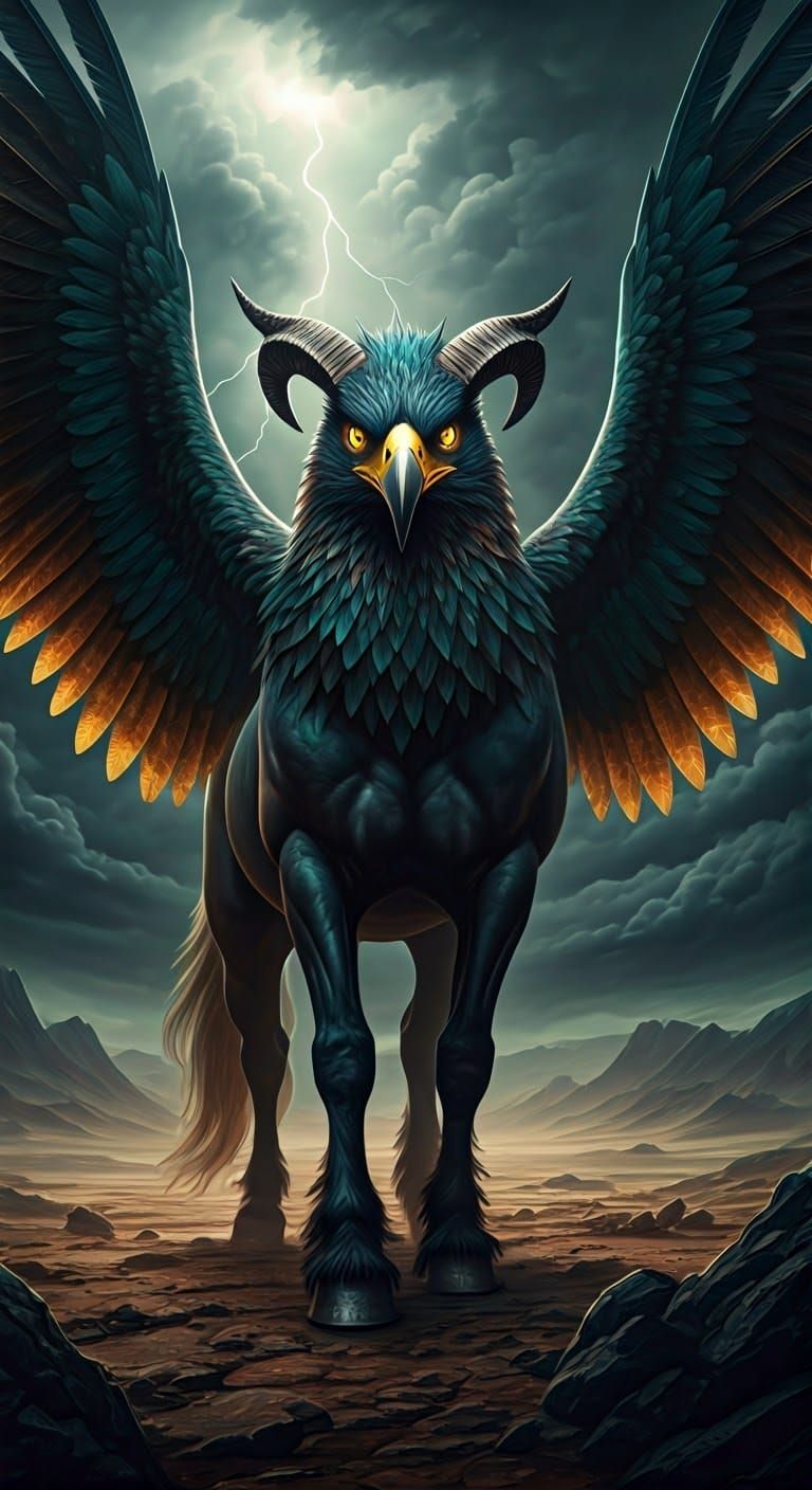 Demonic Horse-Eagle Hybrid Dominates Rocky Landscape