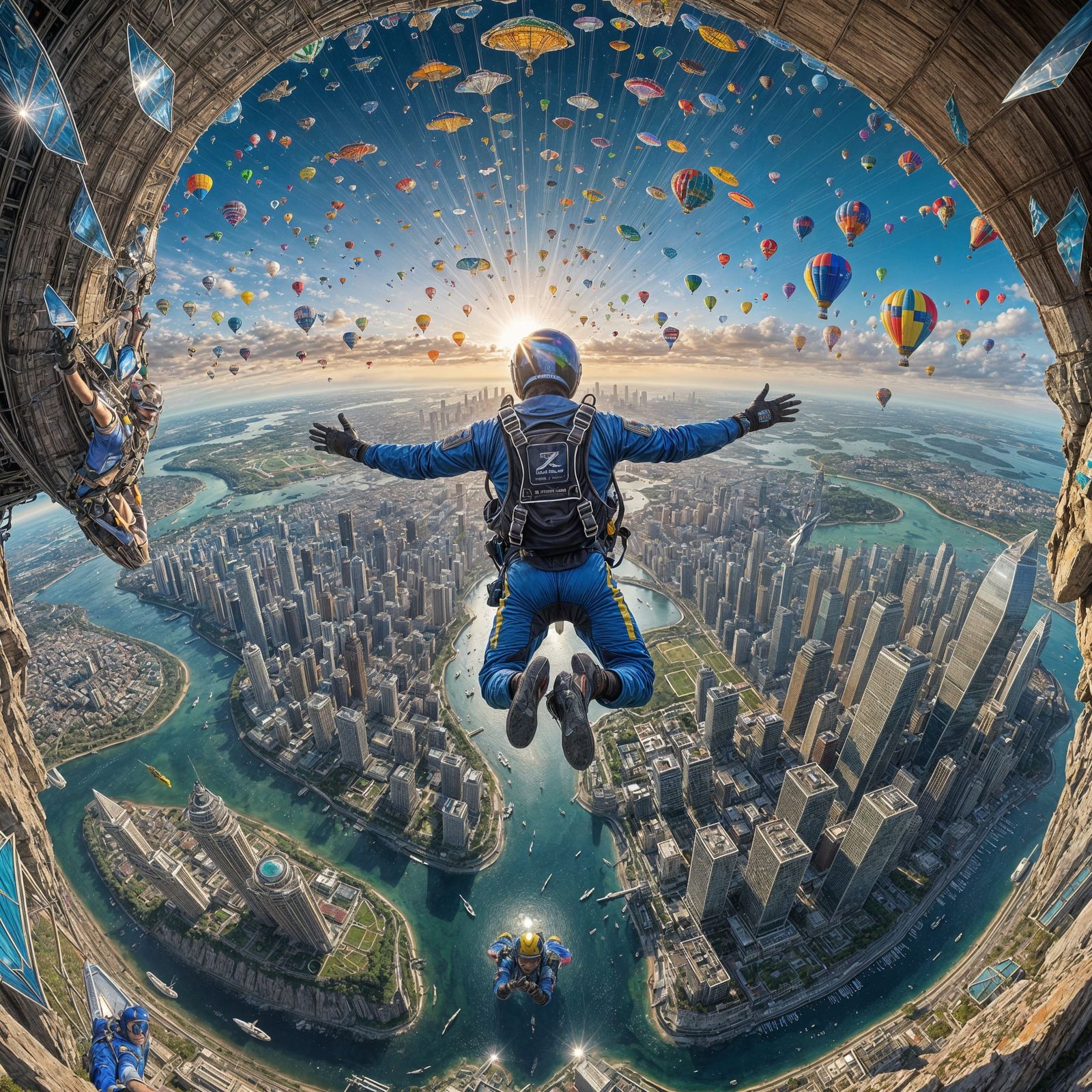 Skydiver Surrounded by Shimmering Glass Shards in a Surreal ...