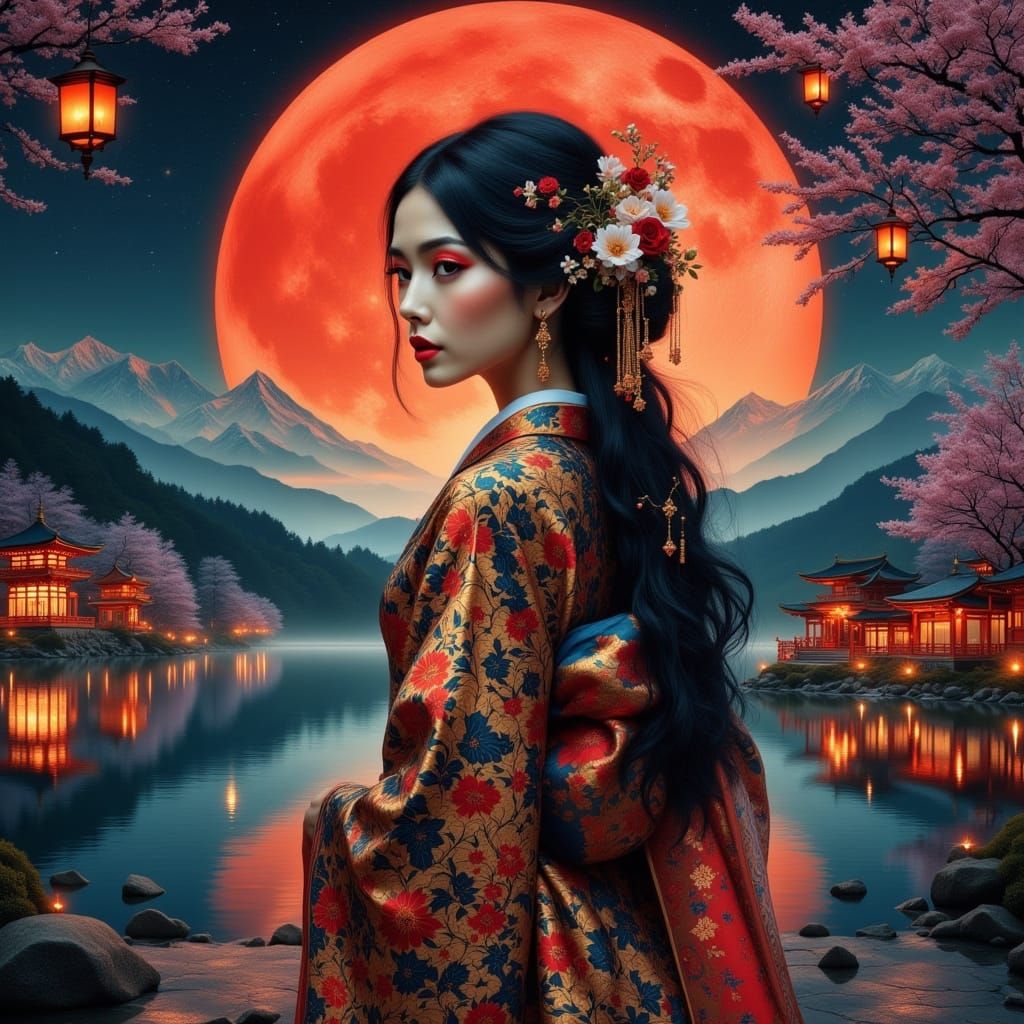 Mystical Japanese Woman Under Crimson Moon