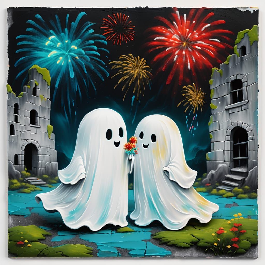 Adorable Ghosts Kissing in Spooky Ruins with Fireworks