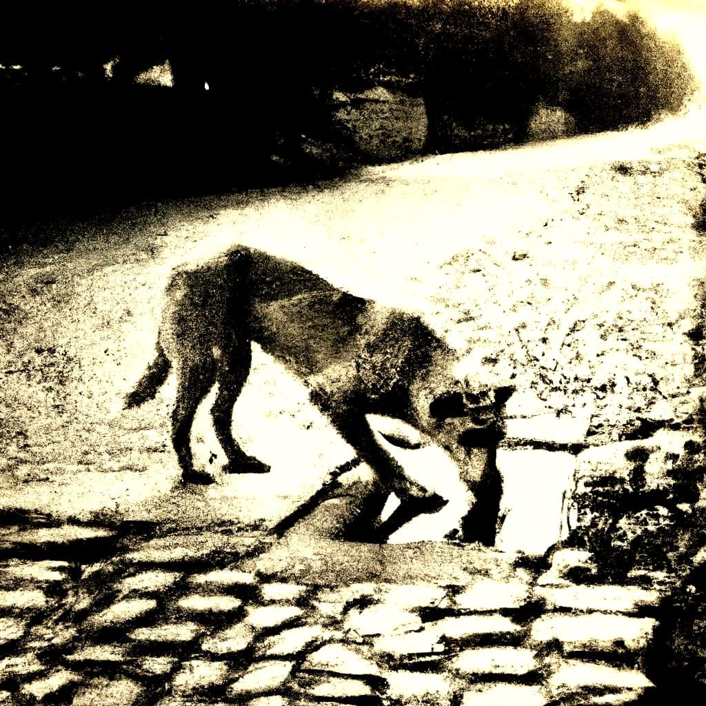 Vintage Street Scene with a Thirsty Stray Dog