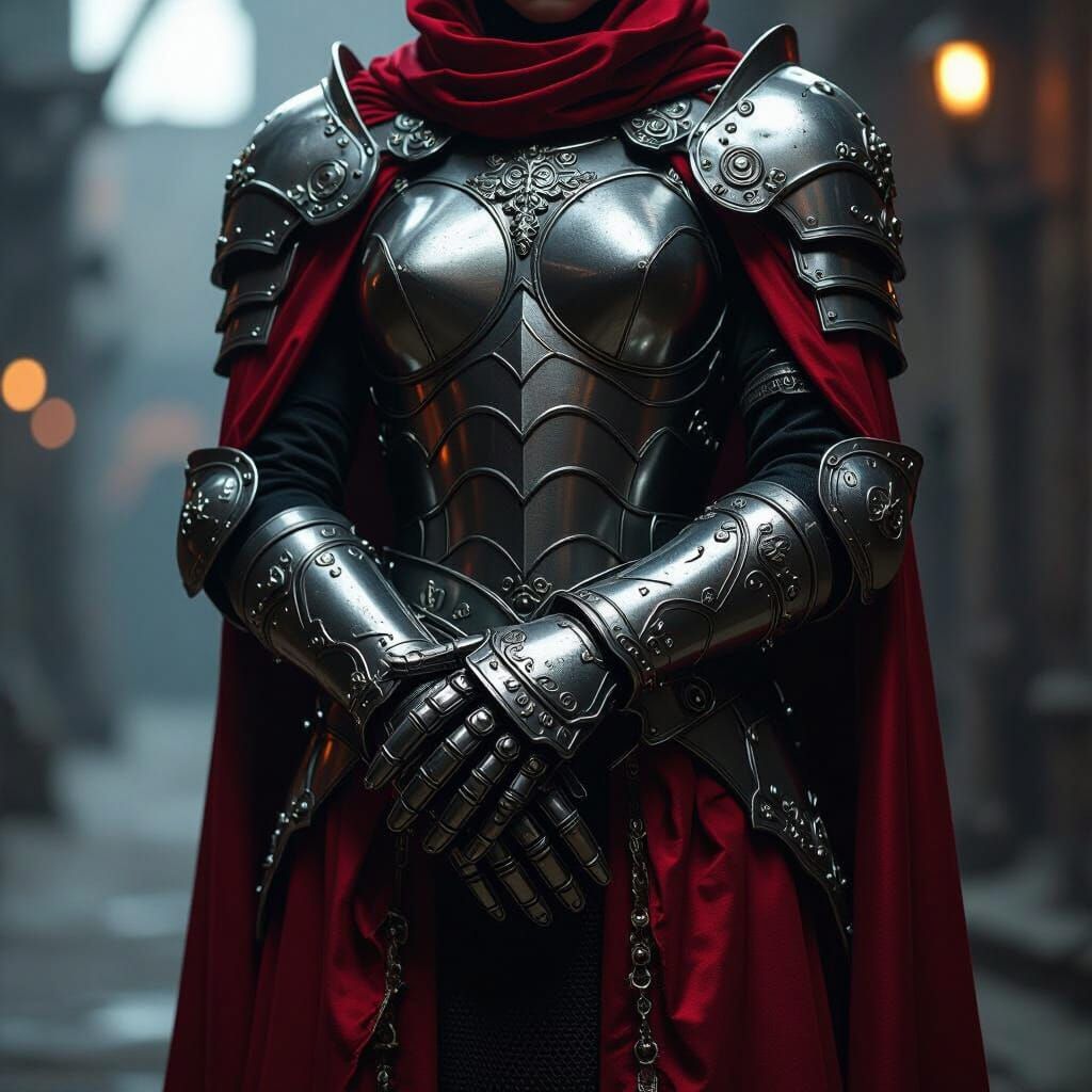 Steel Gauntlets with Crimson Silk Trim in Dramatic Light