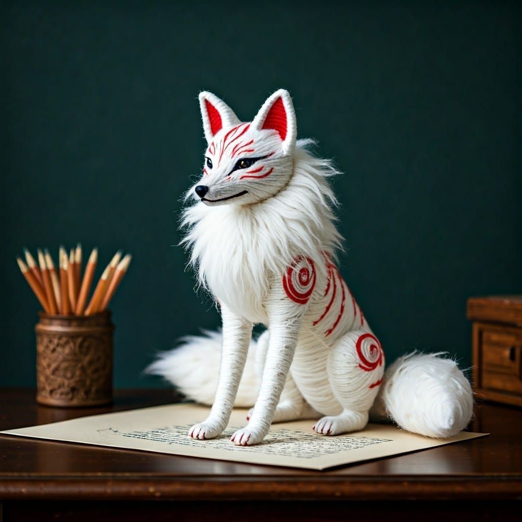 Woven Kitsune on Writing Desk: Fiber Art Sculpture