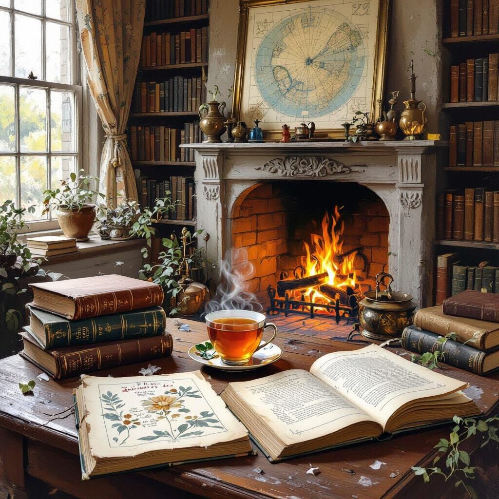 Cozy Cottage Library in Impressionist Style
