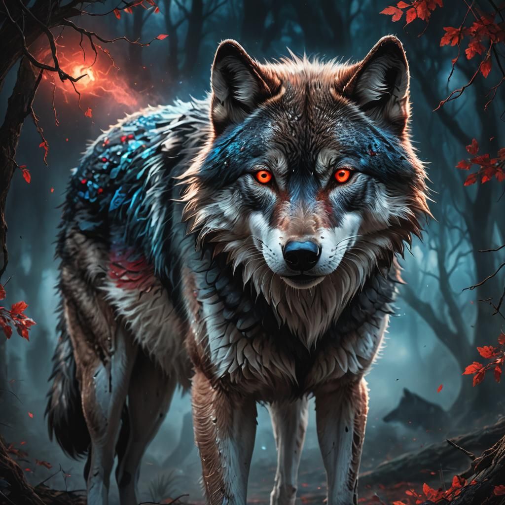 Mystical Split-Face Wolf in Digital Art