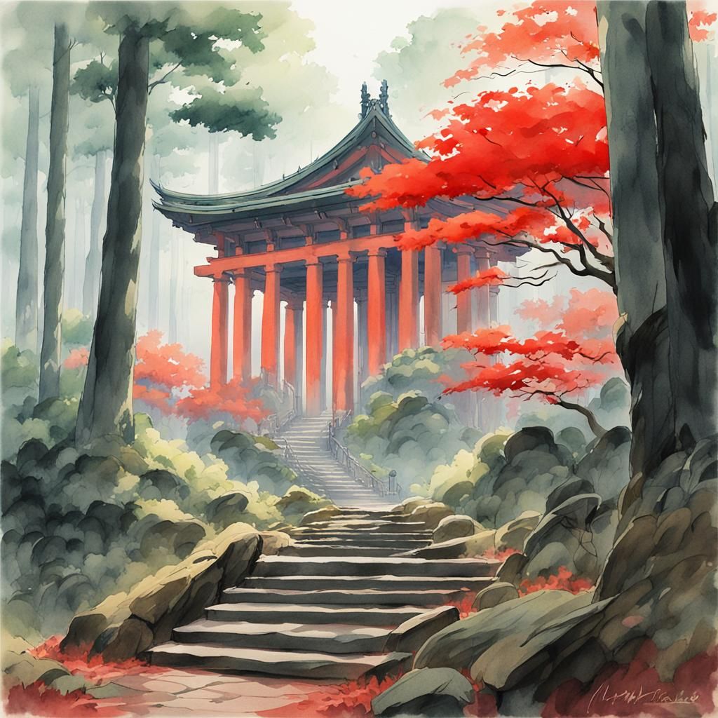 Forest Shrine Ascent: Anime Watercolor Concept Art