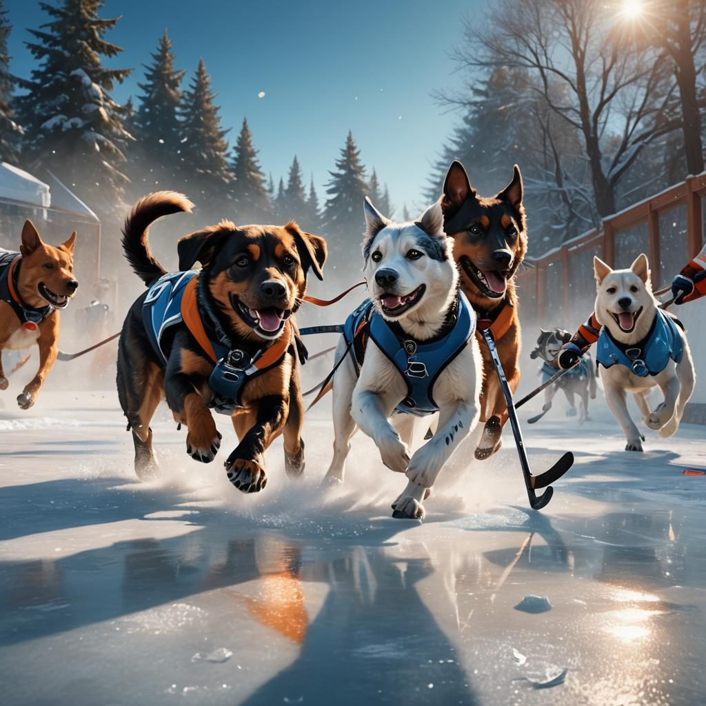 Dogs Playing Hockey in Hyper-Realistic Fantasy Art